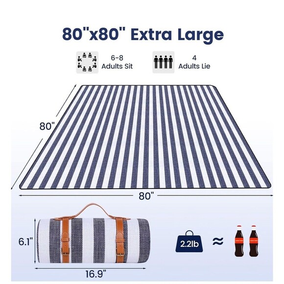 Trendy Beach Picnic Blankets Waterproof Foldable With Straps 80 In x 80 In - Picture 2 of 3